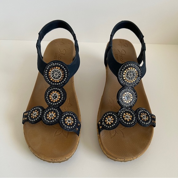 Skechers Beverlee Date Glam Wedge Sandals Navy Rhinestone Beaded Size 9 - Picture 3 of 8